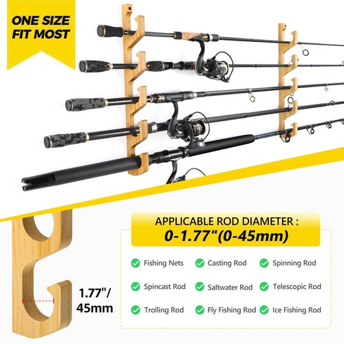 PLUSINNO WH5 Horizontal Fishing Rod/Pole Holders for Garage, Wall or Ceiling Mounted Rack, Solid Wood Fishing Rod Holder Holds up to 5/10/20 Rods or Combos Fishing Gear, Gifts for Men