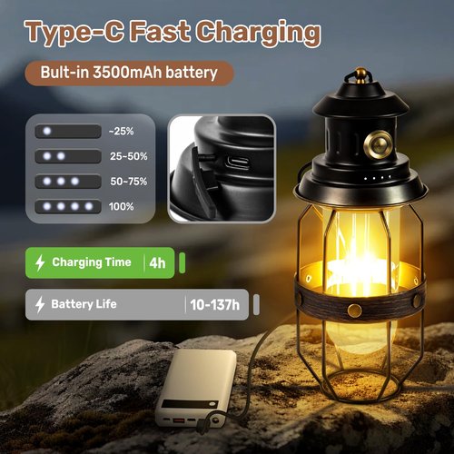 Metal LED Ambient Camping Lantern, 2 in 1 Newest Hanging Standing Camping Lamp, 3500mAh Rechargeable Retro Lantern, Dimmable Ambient Table Lamp with Leather Lampshade for Courtyard Outdoor Decoration