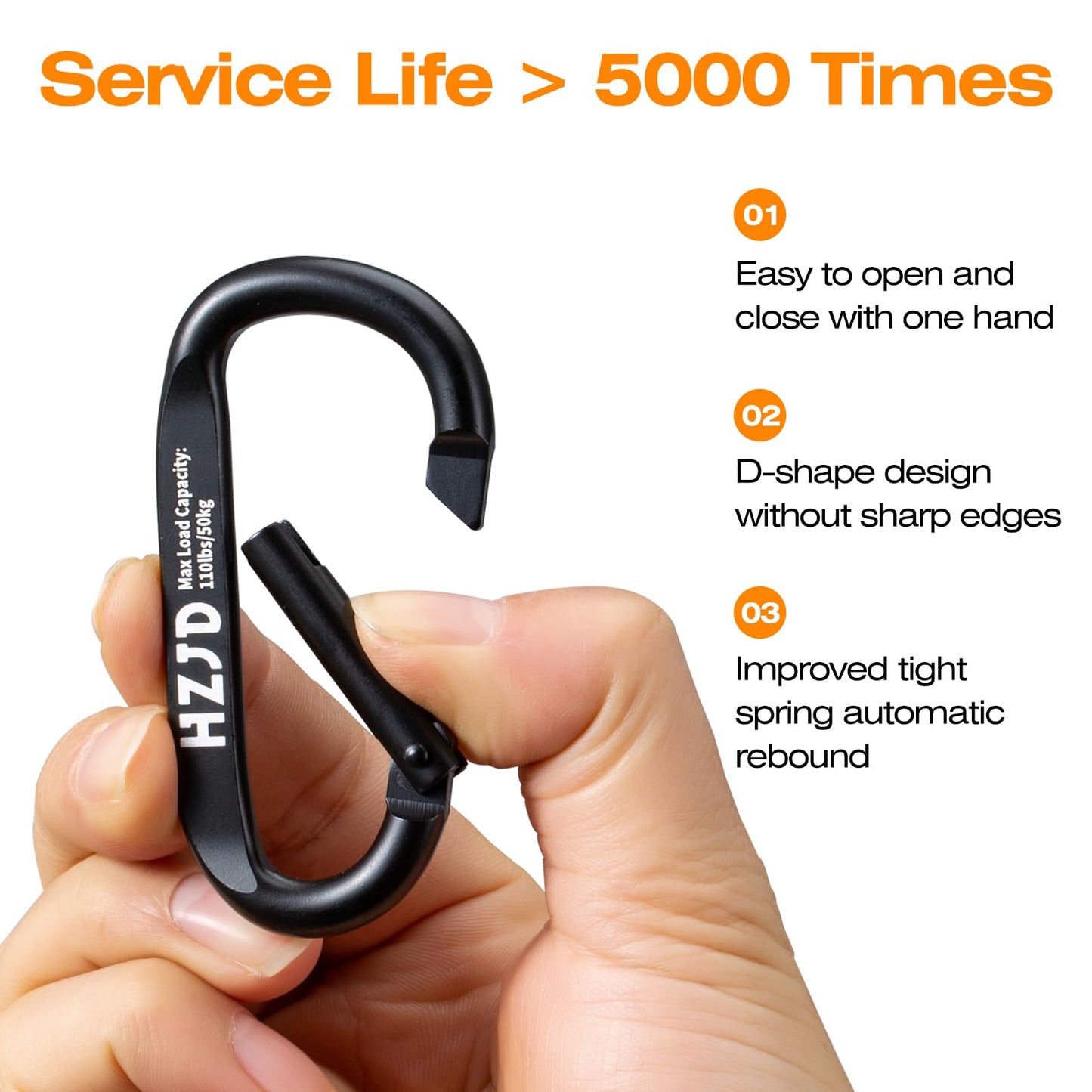 HZJD Carabiner Caribeaner Clip, 110lbs, 3" Aluminum Heavy Duty Black(2PCS)