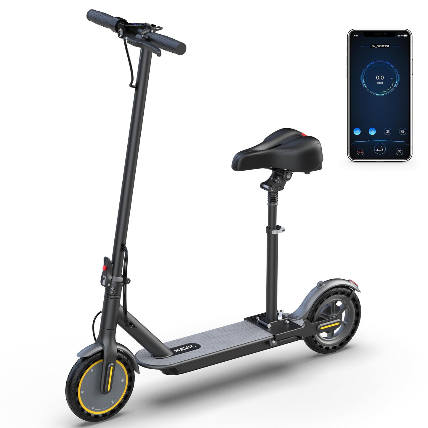 NAVIC Electric Scooter, Folding E Scooter for Adults with Seat, 8.5" Solid Tires, 350W Motor, Max Speed Up to 16MPH, 21 Miles Long-Range, Portable Commuting Scooter with Double Braking, APP