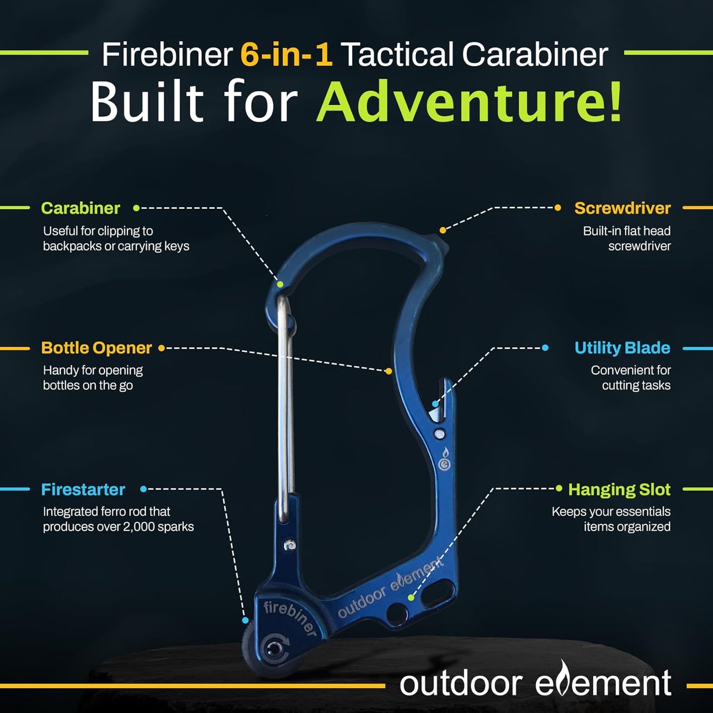 Firebiner 6-in-1 Fire-Starting Carabiner EDC Emergency Multitool -Keychain,Utility Blade,Bottle Opener,& More