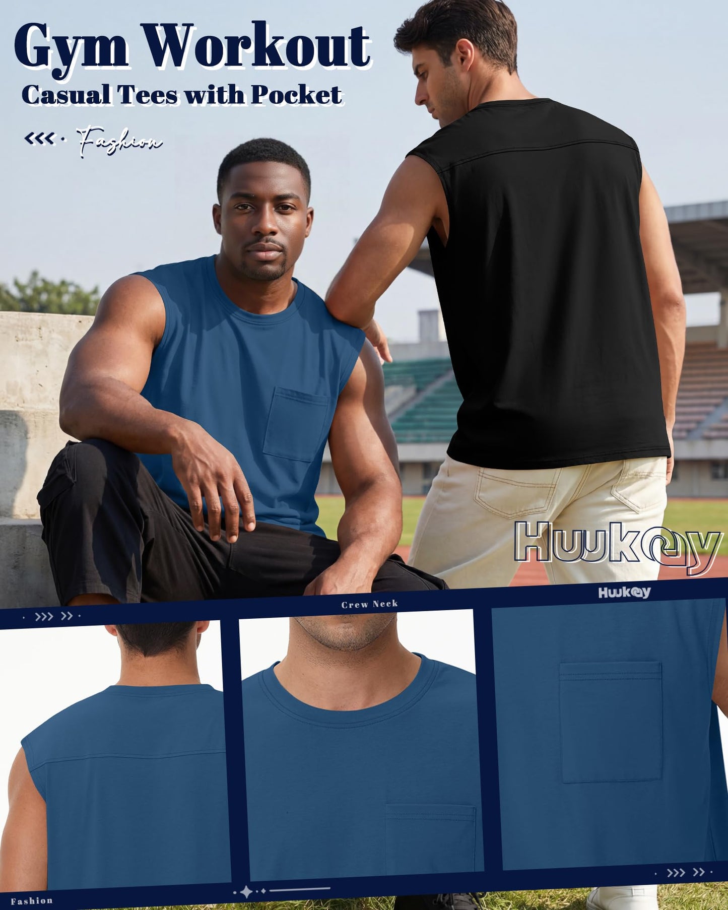 Huukeay 3 Pack Cotton Men's Big and Tall Sleeveless Tank Tops Muscle Shirts Gym Casual Workout Tees with Pocket(Black, Light Gray, Blue,X-Large)