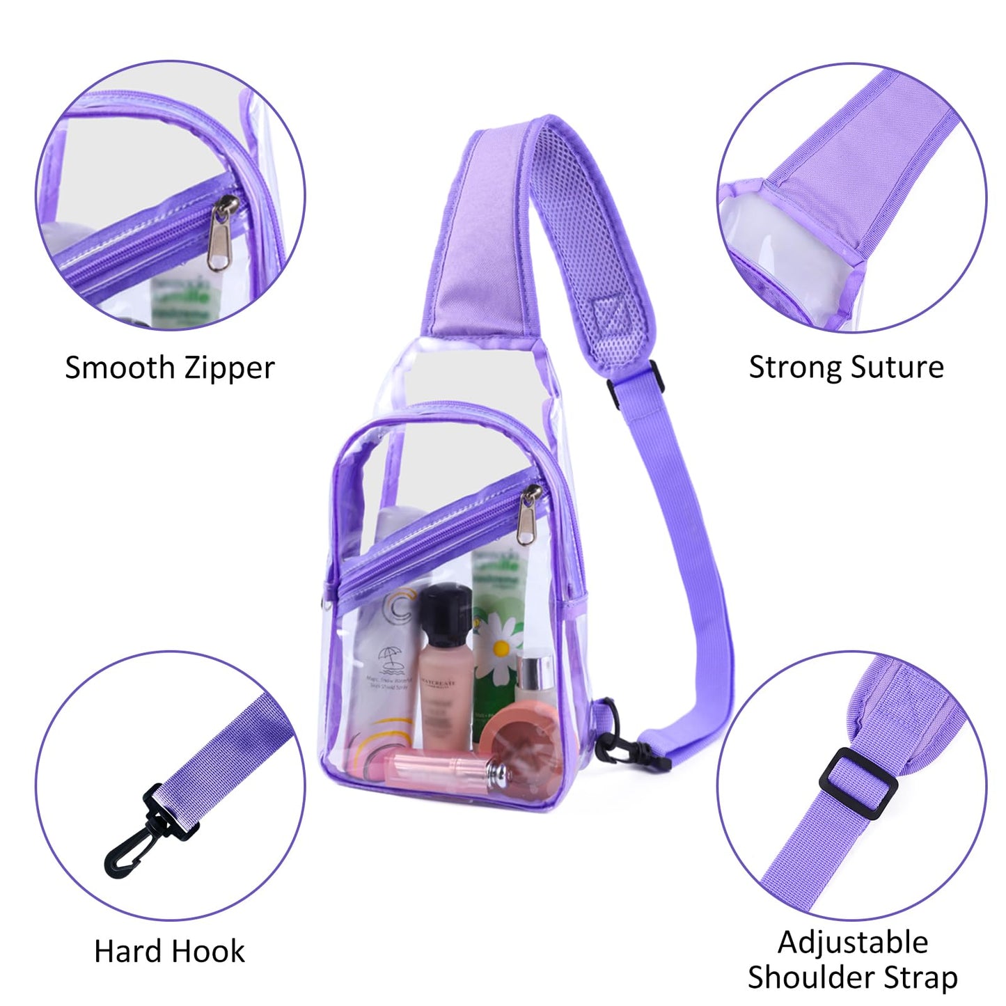 Dotpraise Clear Sling Bag, Stadium Approved, Small Clear Chest Backpack with Front Pocket, Crossbody Chest Bag for Men Women, Purple