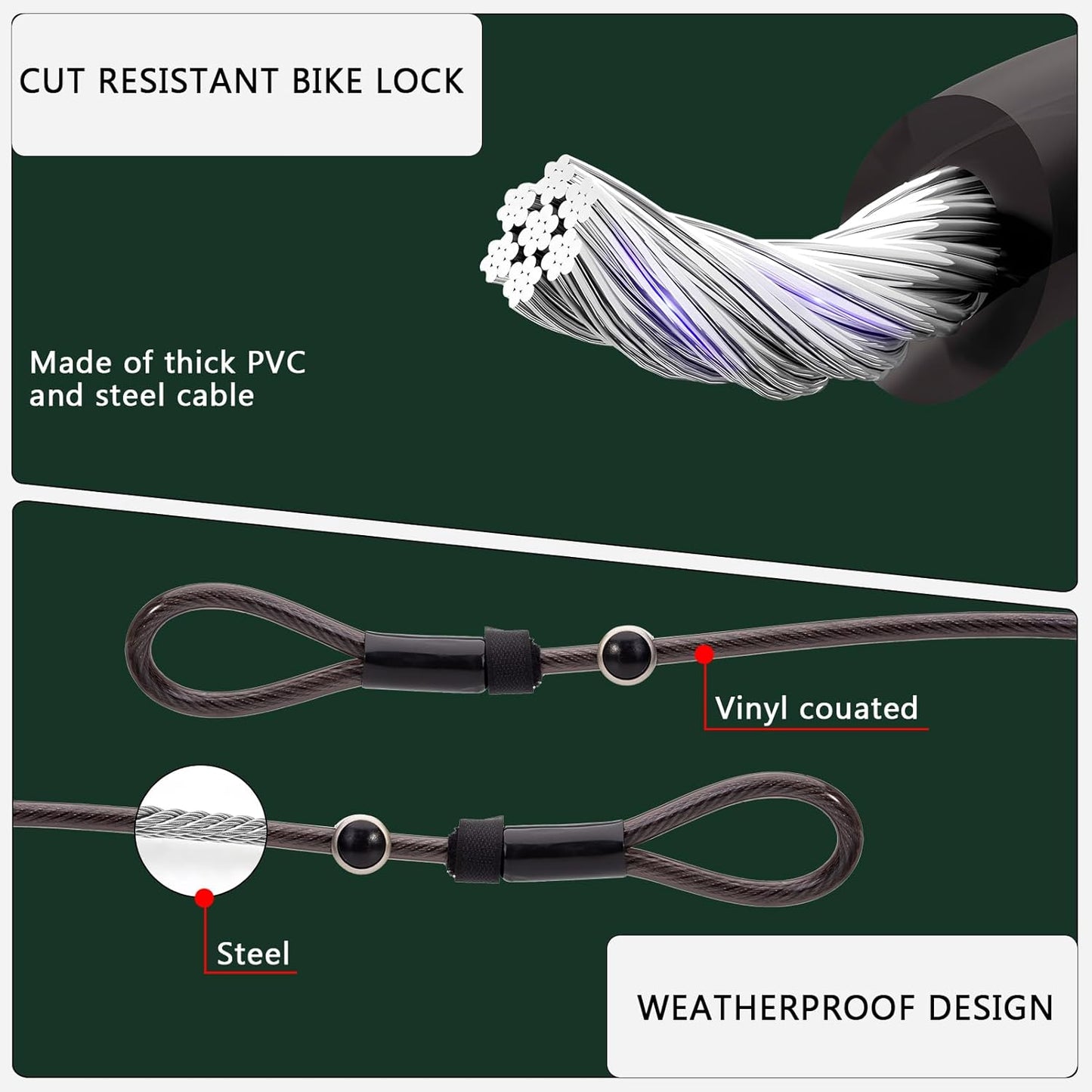 Bike Cable Lock,8ft Adjustable Steel Cable Lock,Cable Dia.10mm Portable Coiling Steel Loop Lock with 3 Keys for Outdoor Equipment, Bicycles, Scooters, Fence, Gate (Black)