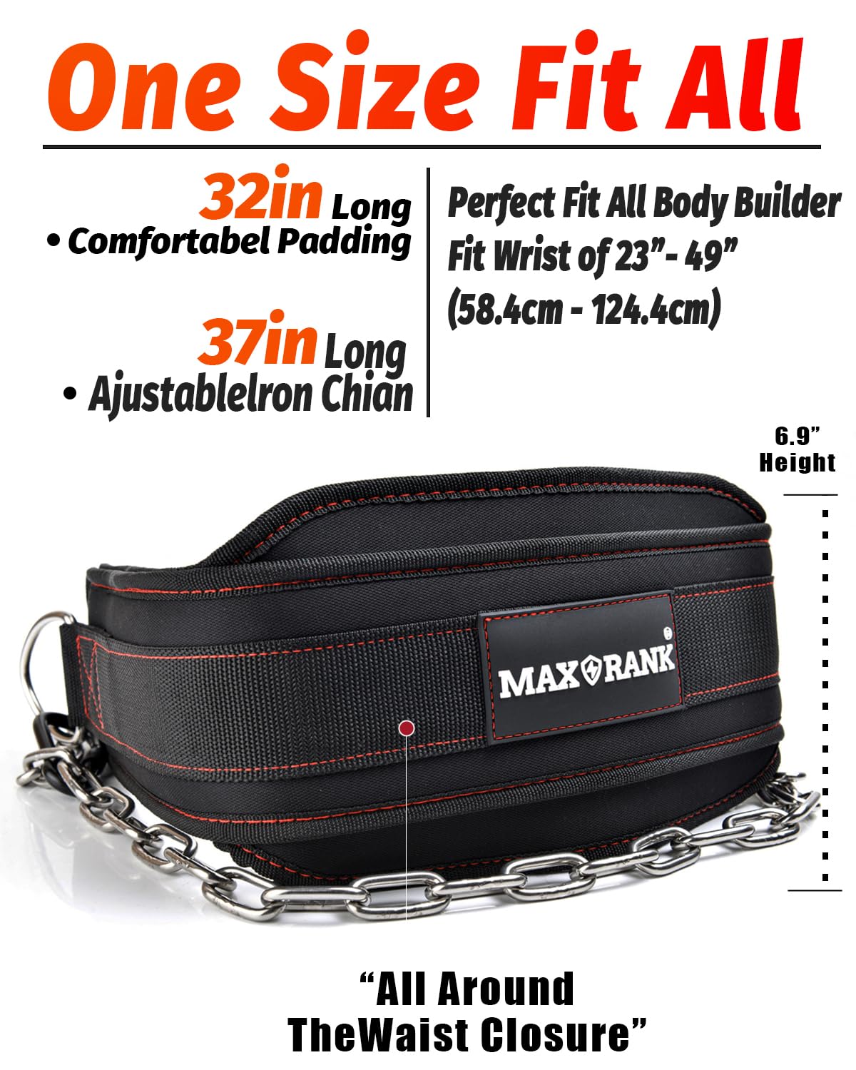 MAXRANK Dip belt With 37-40" Chain, 550lbs - 650lbs Weight Capacity, Weightlifting Belt for Dips and Pullups