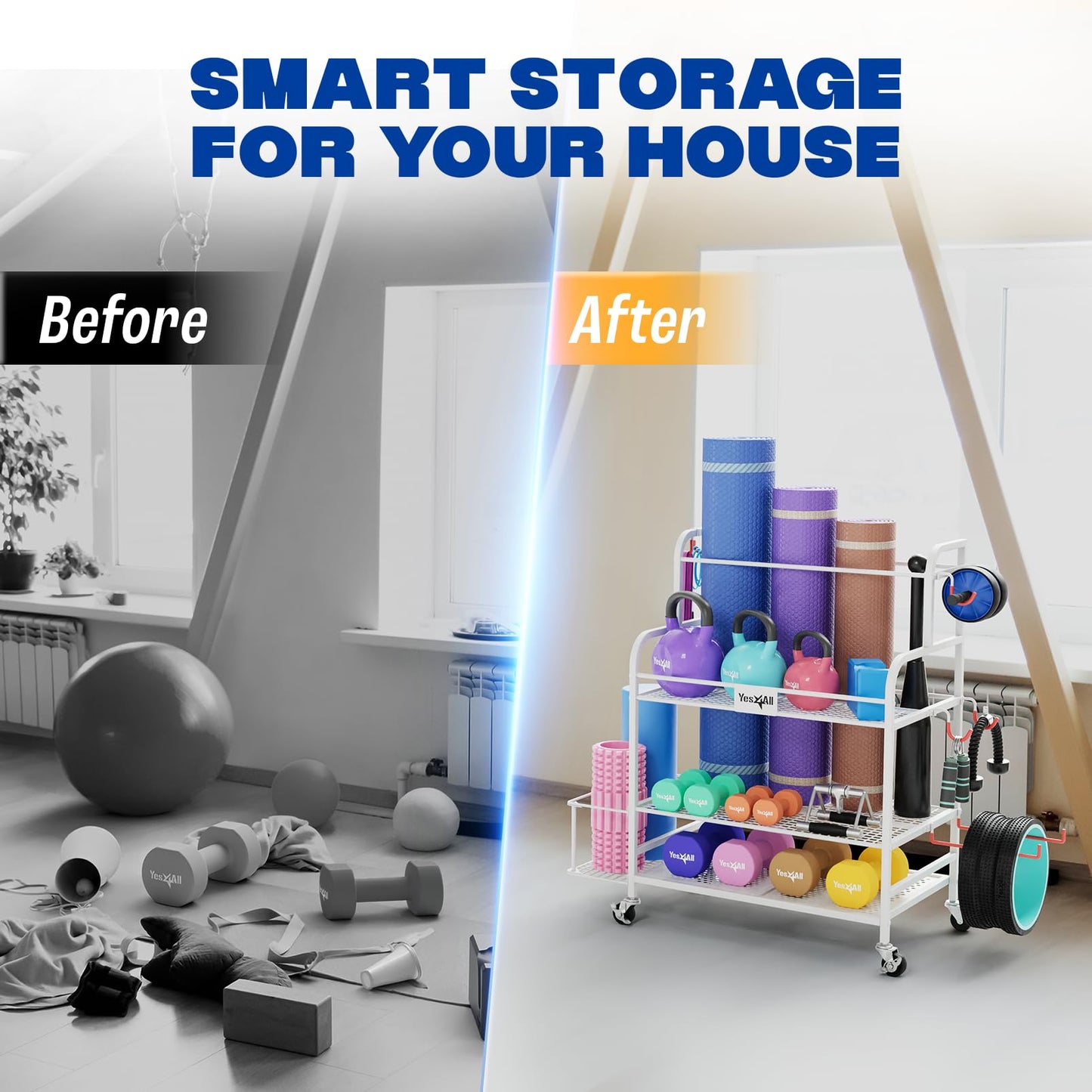 Yes4All Dumbbell Rack, Weight Rack for Home Gym, Sports Equipment Organizer for Dumbbells Kettlebells Yoga Mat Foam Roller and Balls, All in One Gym Workout Storage with Wheels and Hooks, White