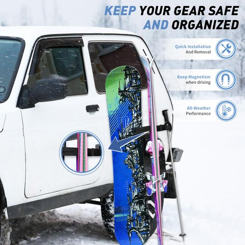 Hikeen Magnetic Ski Snowboard Vehicle Mount,Holders to Prevent Ski Snowboard and Ski Pole from Tipping Over | Vehicle Paint Protection | Holds Up to 4 Pairs Skis or 2 Snowboards,2 Ski Poles