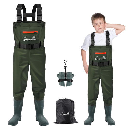 GREENWATER Kids Chest Waders Youth Fishing Waders with Boots Waterproof for Children Boys Girls Hanger & Bag Included (Green, 8-9Y)