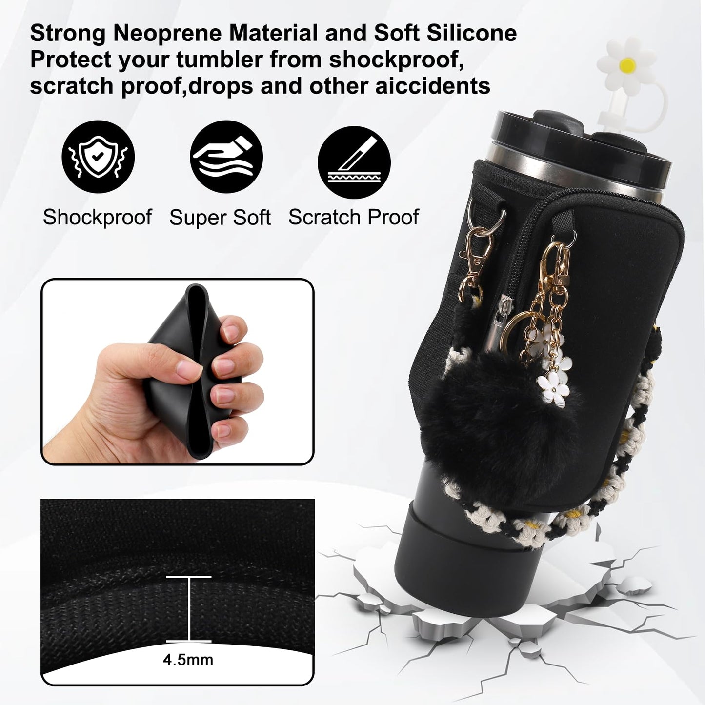 3tyto Stanley Cup Accessories Set Including Water Bottle Carrier Bag,Water Bottle Holder with Strap,Straw Cover, Charms,Silicone Boot for Stanley 40oz 30oz Tumbler (Black)