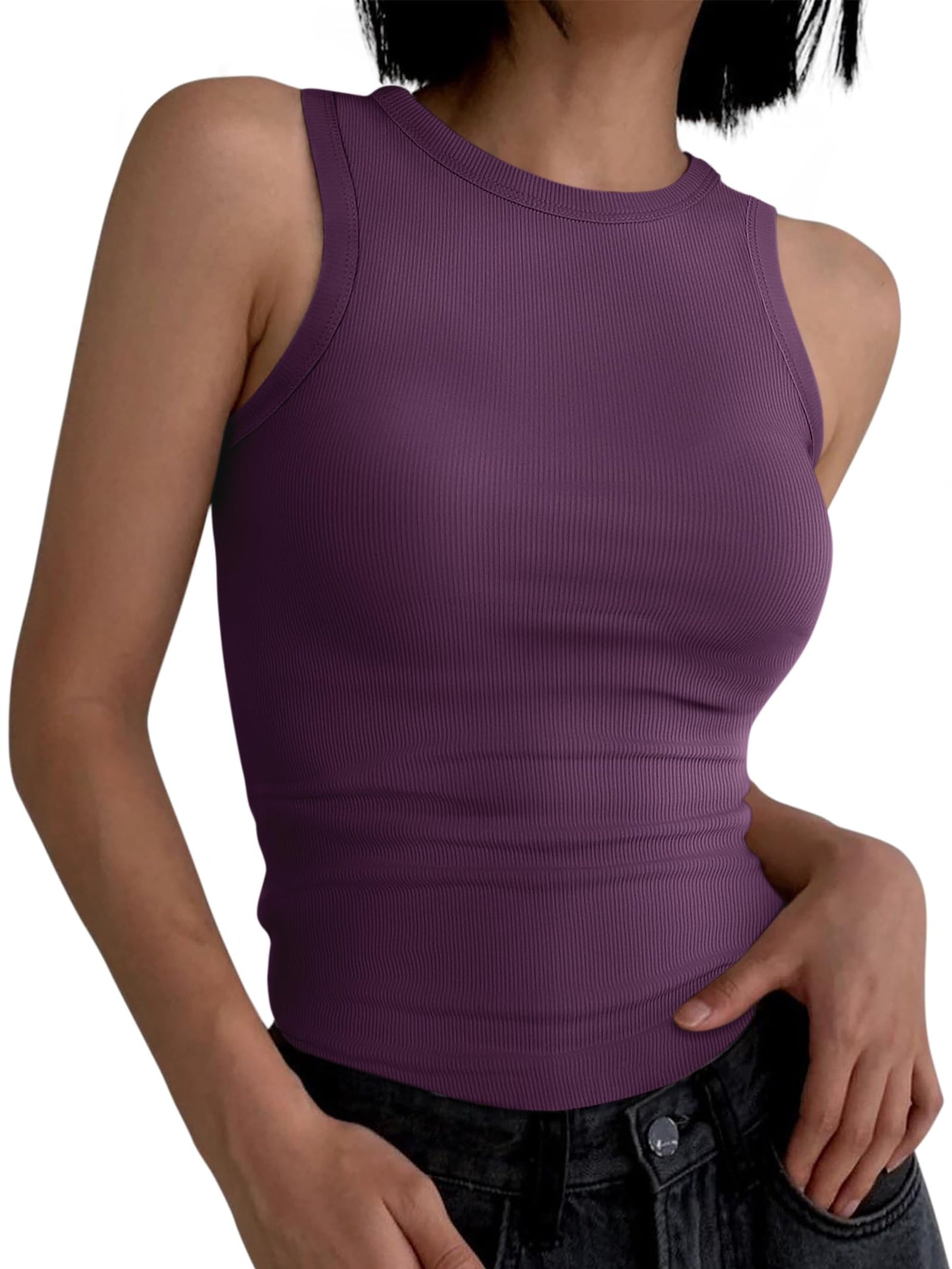 ANRABESS Womens Sleeveless High Neck Tank Tops Fashion Summer Casual Basic Slim Fit Ribbed Racerback Top Shirt Clothes Dark Purple XX-Large