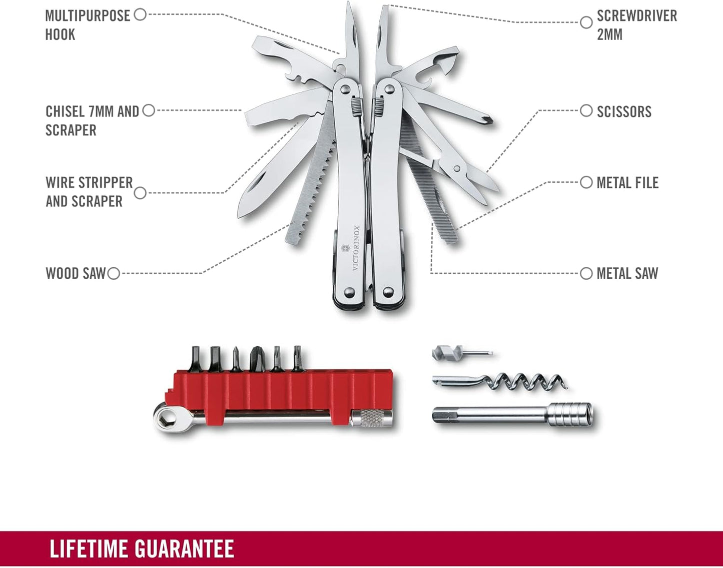 Victorinox Swiss Tool Swiss Army Knife, 24 Function Swiss Made Multi-Tool with Needle-Nose Pliers, Wire Cutters and Large Blade - Silver