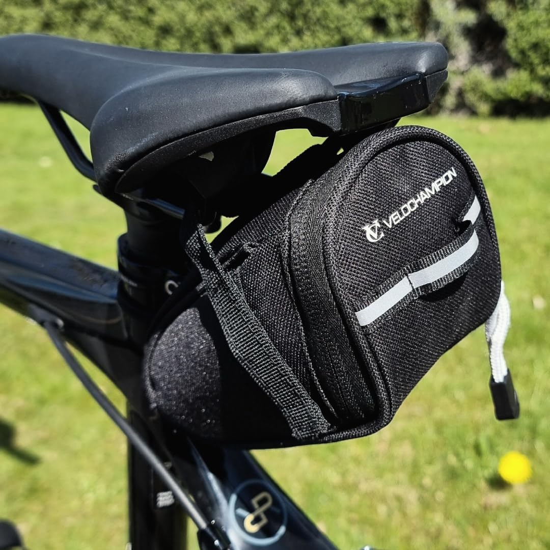 VeloChampion Black Bike Seat Pack Under Saddle Bag | 1 Litre Storage | Ideal for Mountain Road or Hybrid Bikes | Reflective | Water Resistant | Perfect for Repair Kits and Cycling Accessories