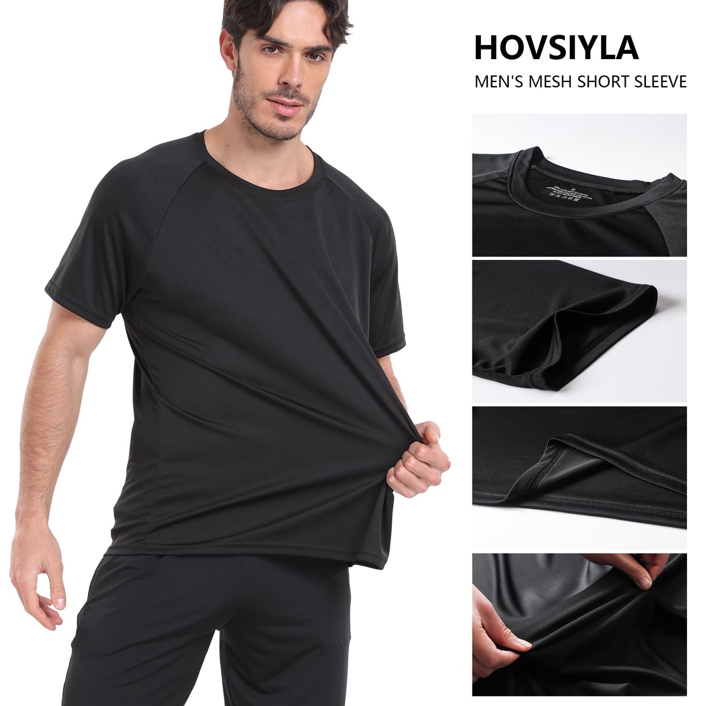 HovSiyla 5 Pack Running Shirts Men Sport Tops Dry Fit Gym Wicking Athletic T Shirts Breathable Cool Workout Shirts Black L