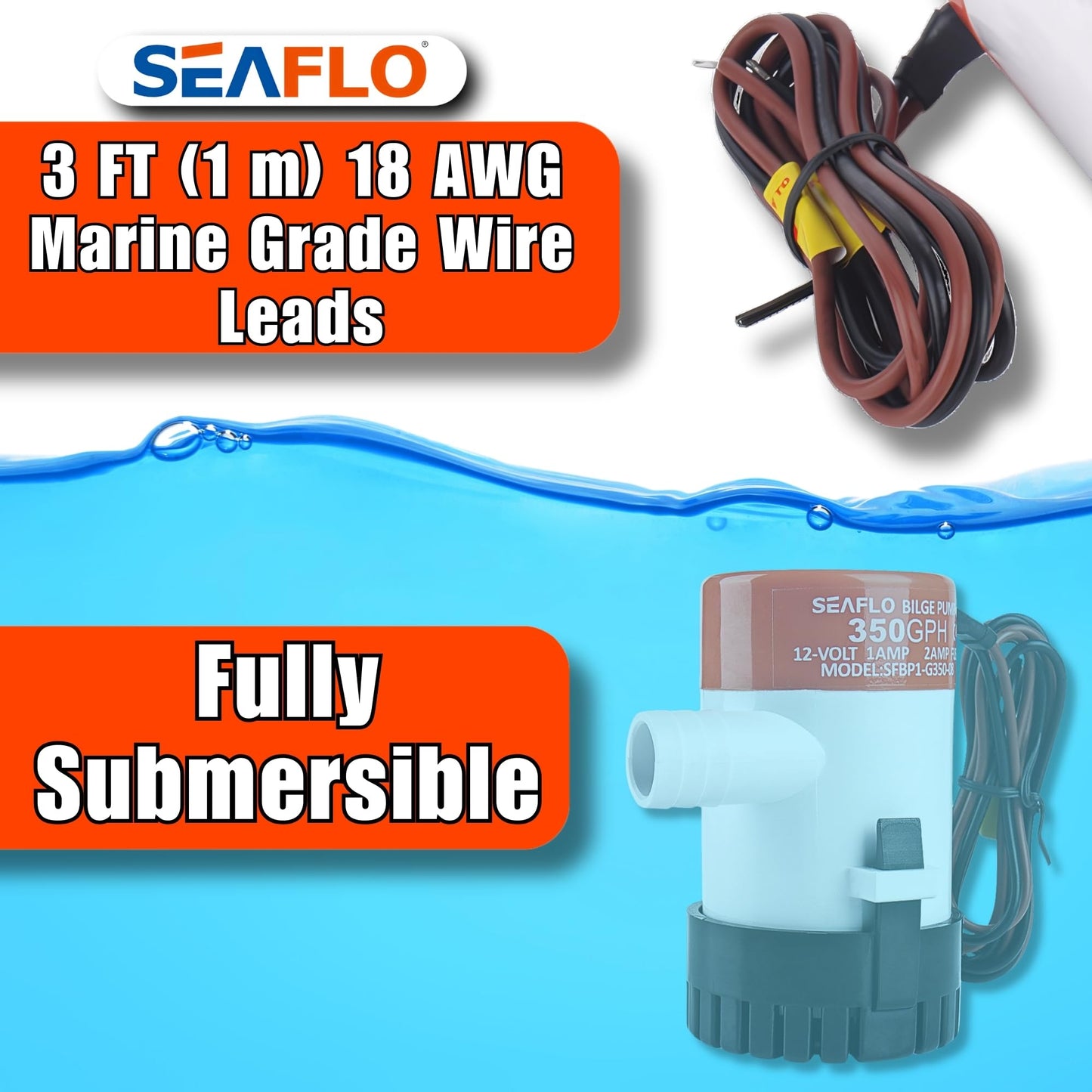 SEAFLO 01 Series 350 GPH Bilge Pump – 12V, 3/4" Outlet, Marine Submersible Pump with Anti-Airlock Protection, CE & Rohs Certified, 4-Year Warranty | Reliable for Boats and Marine Applications