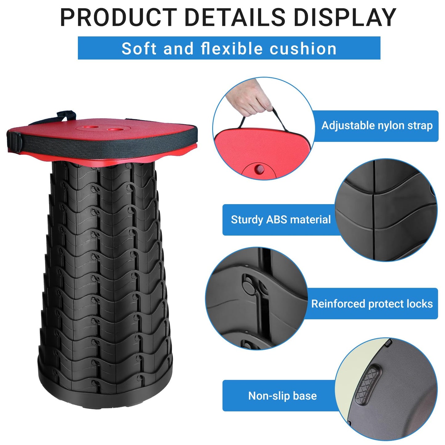 ZTMT Upgraded Square Folding Stool, Max Load Capacity 485lbs, Portable Collapsible Stool Seat, Telescoping Foldable Stool, Retractable Stool for Adult Camping Fishing Outdoor BBQ