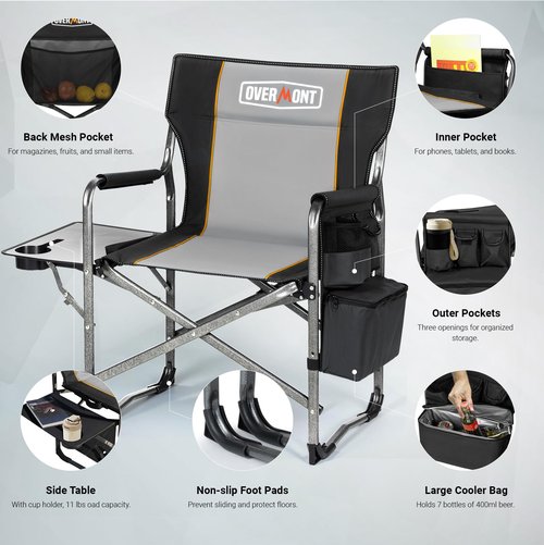 Overmont Oversized Lightweight Camping Chair - Heavy Duty Foldable Directors Chairs with Side Table & Cooler Bag for Outside Camp Beach Picnic Lawn and Fishing Supports 400lbs (BlackGrey)