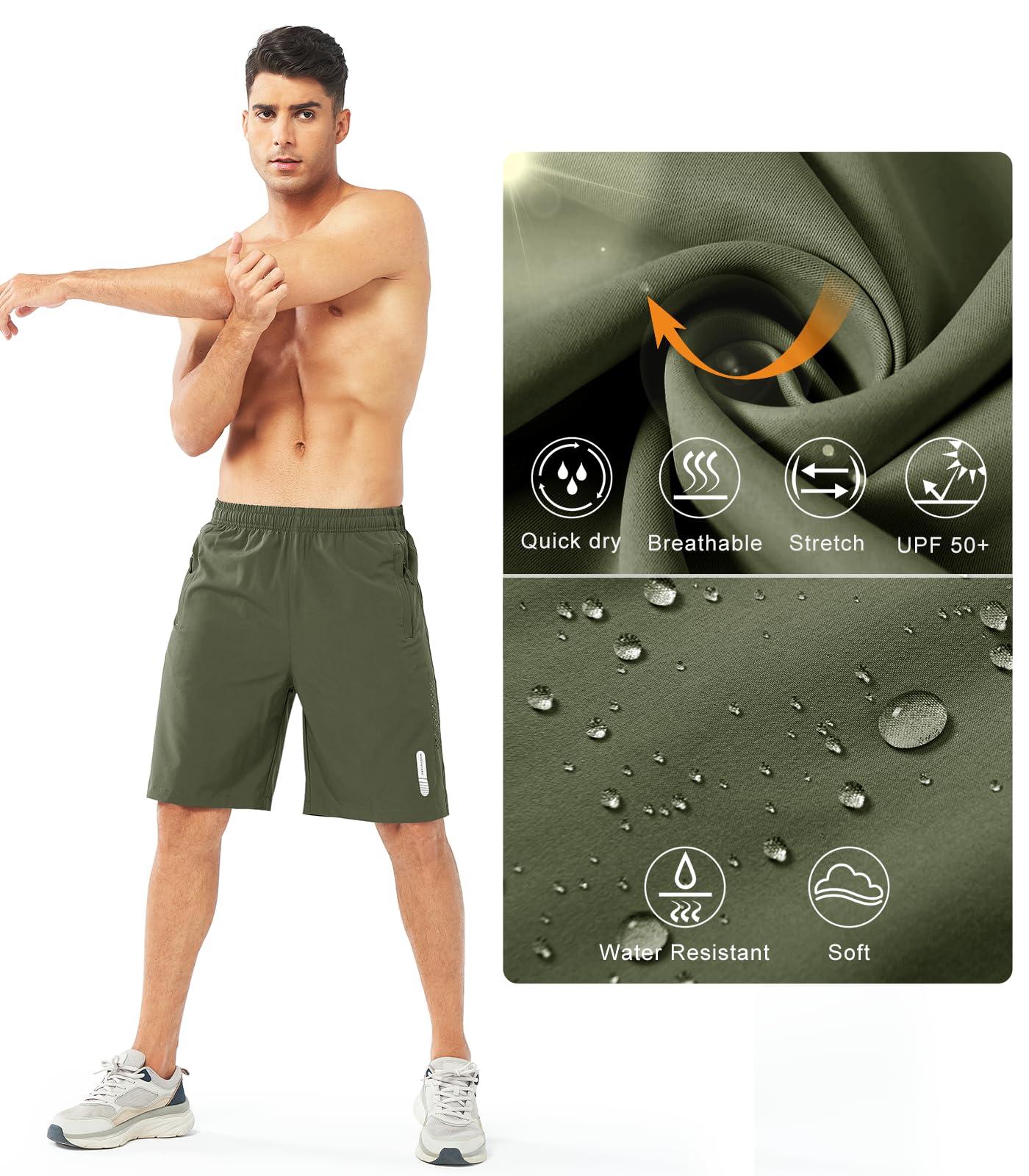 NORTHYARD Men's Athletic Running Shorts Gym Workout 7"/9"/5" Quick Dry Lightweight Sports Basketball Tennis 3 Zipper Pockets ARMYGREEN-9inch 2XL