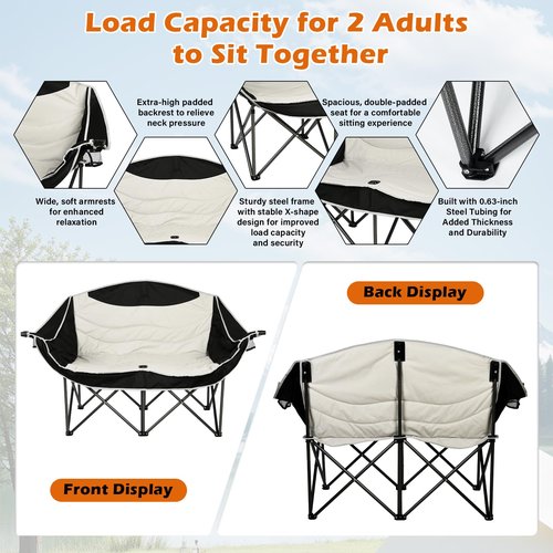 koldan Double Camping Chair, 550lbs Capacity 2-Person Camping Chair with Cup Holder Wine, Foldable Oversized Camping Loveseat for Couples, Family, Beach, Backyard for Outside Picnic