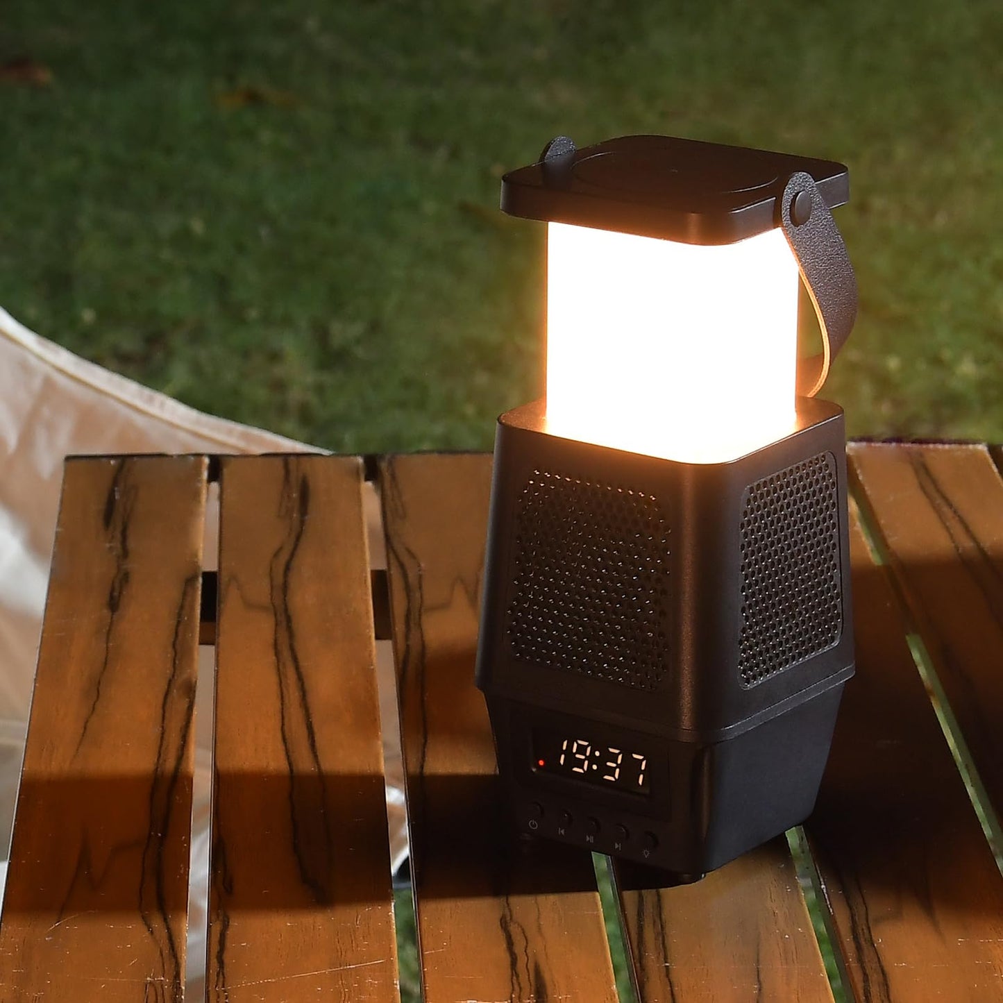 3 in 1 Cordless Camping Lamp,3CCT 7 Dimmable Rechargable Small Lantern with Wireless Bluetooth Speaker,Battery Operated Portable Alarm Clock Lamp