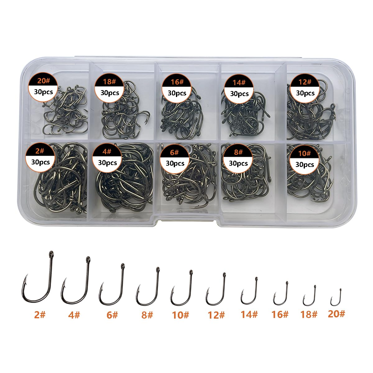 AMHDV 300Pcs/ 500Pcs/ 1000Pcs Small Fishing Hooks, 10 Different Sizes Tiny Fish Hook Set for Freshwater (300pcs (2# to 20#))
