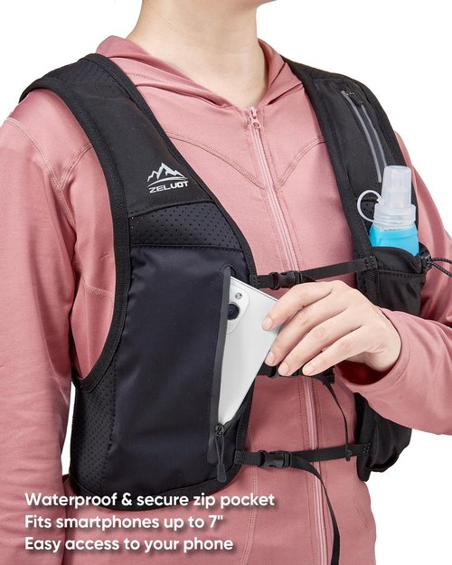 Zelvot Running Vest for Women Men, USA Original Patent, Adjustable Chest Straps Running Hydration Vest with Phone Holder and 6 Pockets, Lightweight Reflective Hydration Backpack for Hiking