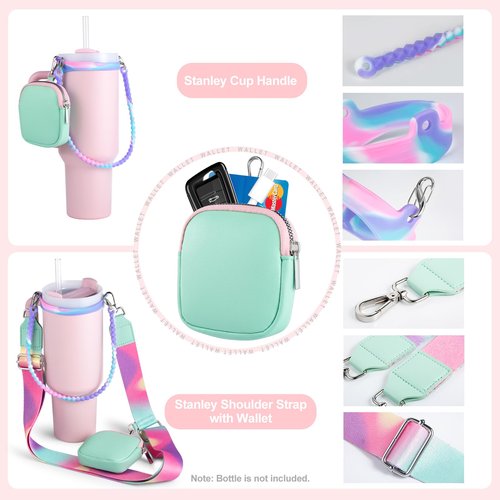 Carrier with Strap for Stanley Cup Accessories, Cute Adjustable Water Bottle Carrying Straps with Wallet for Stanley 40 30 20 OZ Tumbler, Holder for Women Men Boys Girls