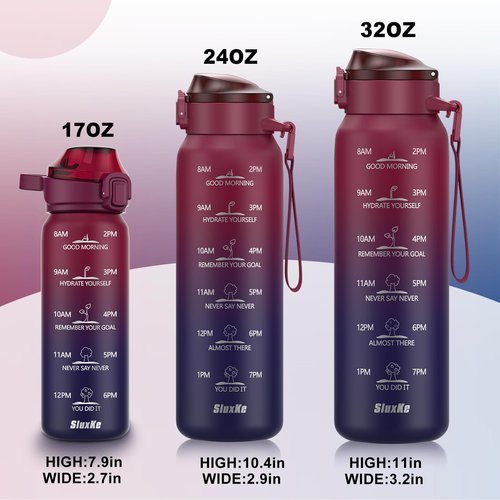 SLUXKE Insulated Water Bottle 32oz with 2Lids(Straw Lid & Spout Lid), 1L Double Walled Water Bottle with Time Marker, 1000ml Stainless Steel Metal Flask for Fitness, Gym and Outdoor RED BLACK