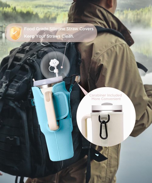 Water Bottle Carrier Bag with Phone Pocket for Stanley 40oz Tumbler with Handle（Pink+Blue）
