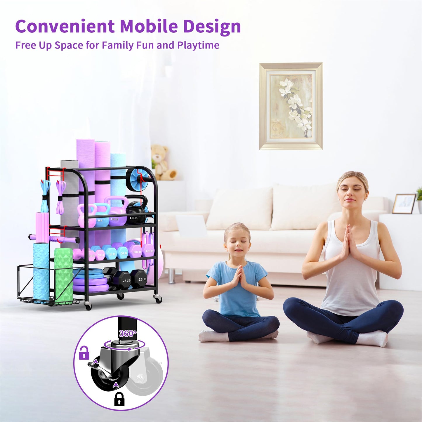 Home Gym Organizer - Yoga Mat Storage Rack, 400LBS Metal Gym Equipment Storage Cart with Large Basket & Movable Hooks, Dumbbell Rack & Weight Storage Racks for Workout Gear (Black)