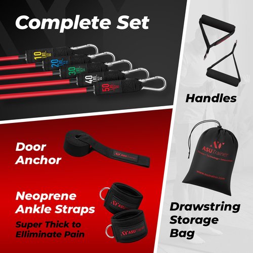 Tube Resistance Bands, 5 Exercise Bands, 10–50 lb, Tough Exercise Equipment Made of Durubbex, Resistance Bands for Working Out w/Ankle Straps & Door Anchor, Fitness & Workout Equipment