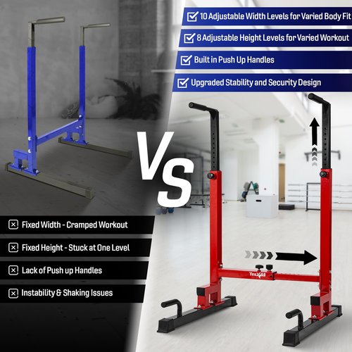 Yes4All Dip Stand 500 LBS Capacity, 80 Levels Adjustable Dip Bars, Dip Station Machine for Home Gym - Red & Black