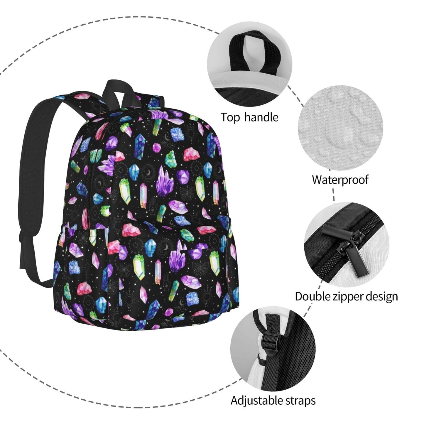 ACDRUING Colorful Crystals Waterproof Backpack Adjustable Shoulder Straps Bag Large Capacity Casual Daypack Bookbag For Travel Work