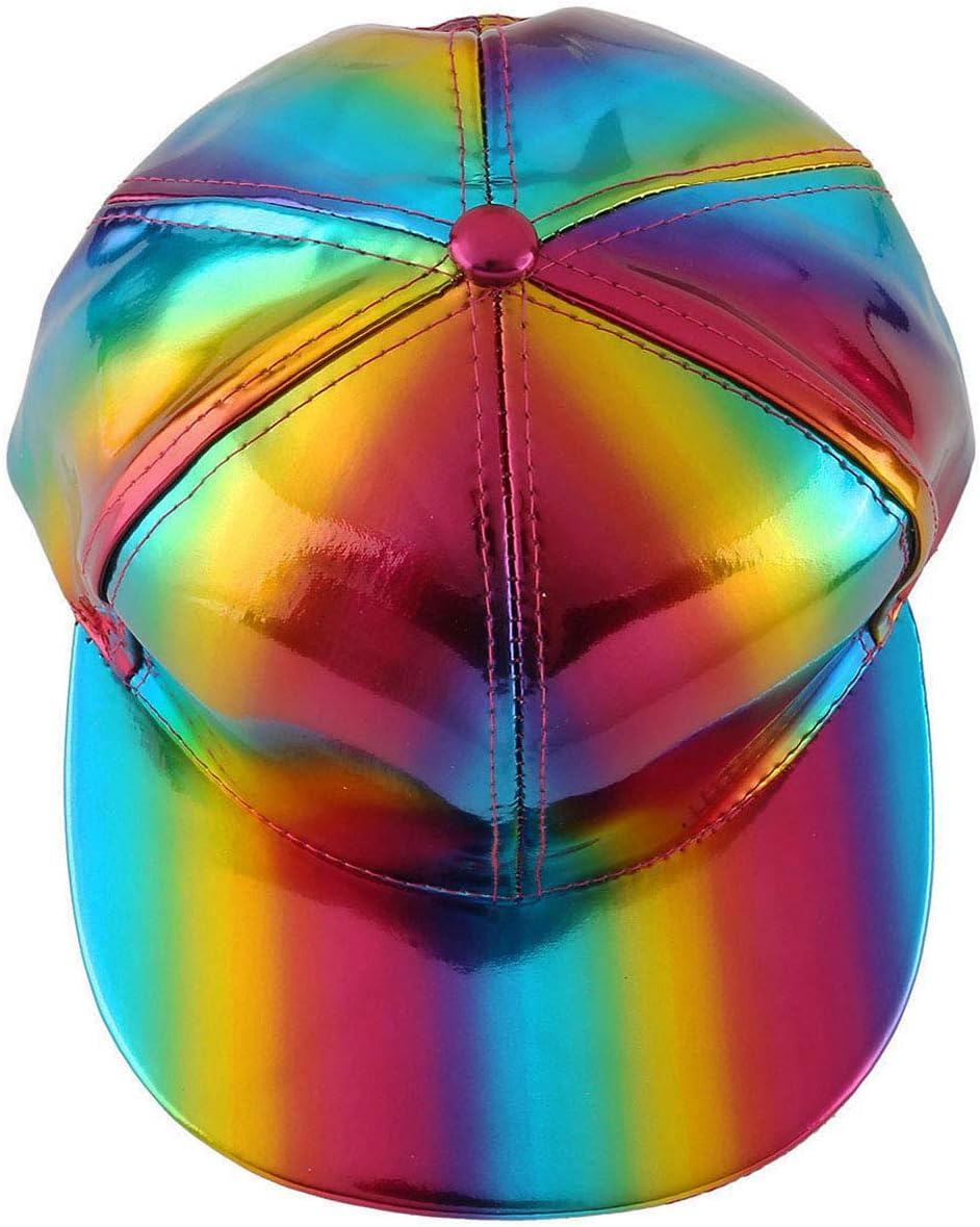 FALETO Adjustable Shiny Holographic Baseball Cap Rainbow Reflective Hip Hop Rave Hat Metallic Casual Cap
