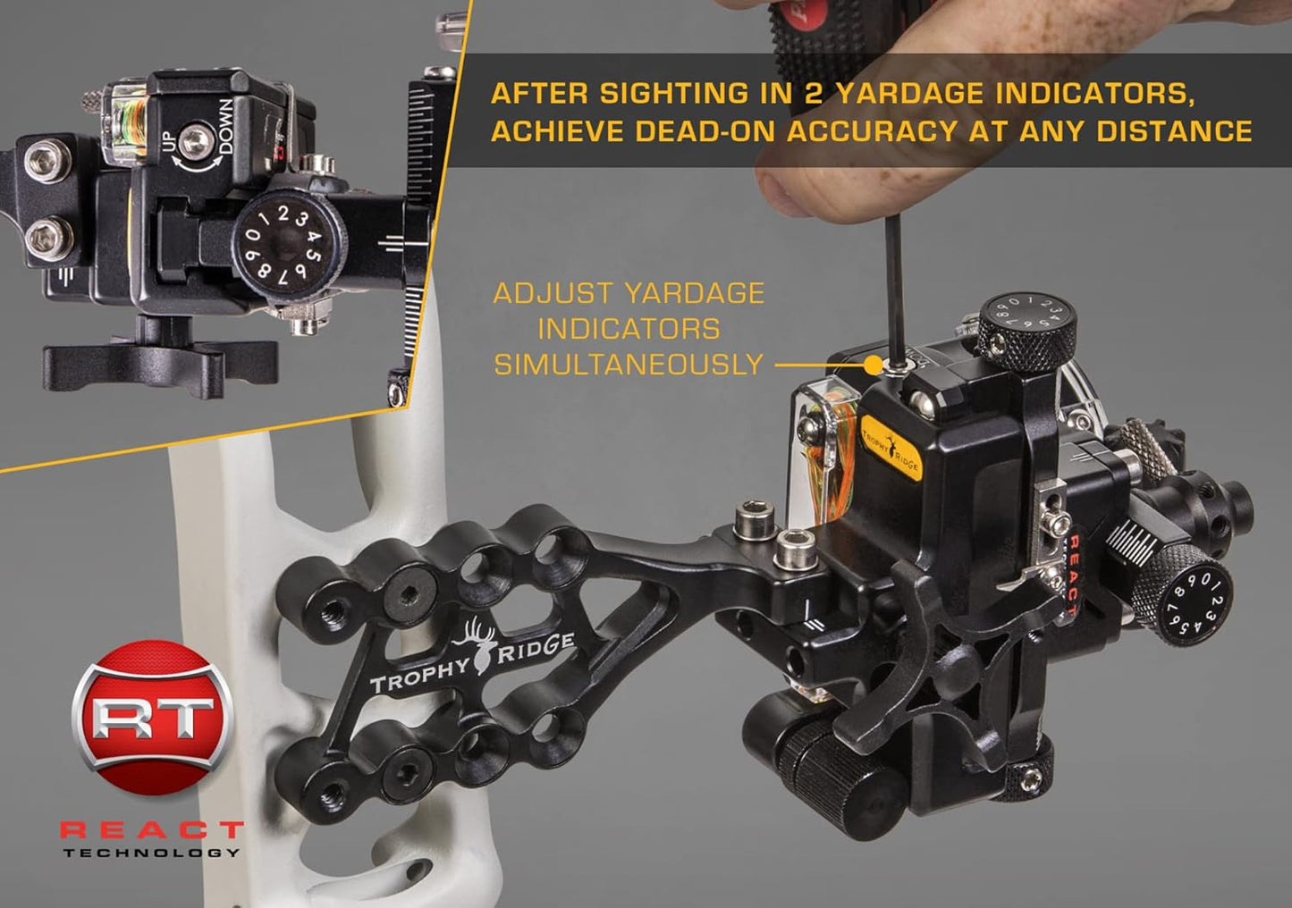 Trophy Ridge React One Pro Bow Sight - 100 Yards Accuracy, Tool-less Adjustments & 2nd/3rd Axis Leveling