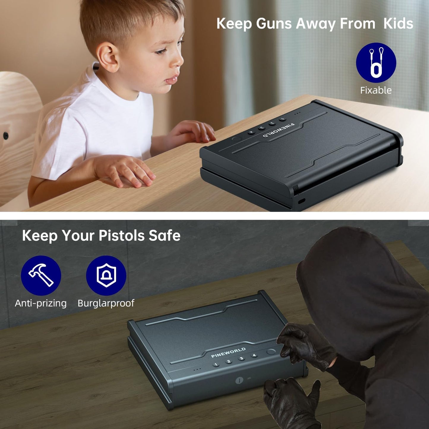 PINEWORLD Gun Safe, Biometric Gun Safe For Handgun, Pistol Safe With Fingerprint Backlit Keypad, Quick Access Handgun Safe for Firearm, Gun Lock Box With Interior Light For Nightstand Car Normal Size
