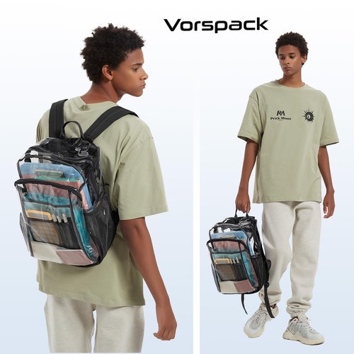Vorspack Clear Backpack Heavy Duty - Clear Book Bag with Multi-pockets Large See Through Backpack for College Workplace - Black