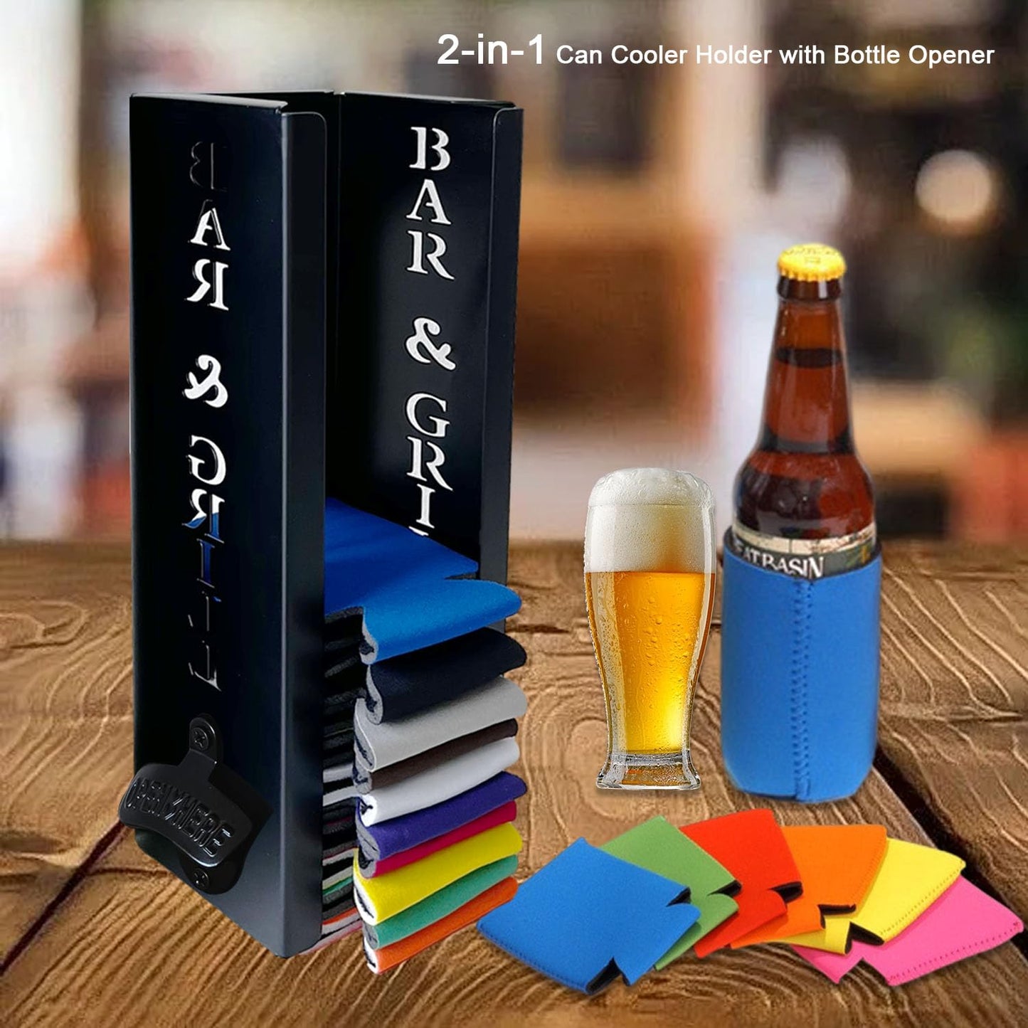 4"x4"x16"Can Cooler Holder with Bottle Opener, Beer Can Sleeves Storage Organizer and Dispenser for Home Family Bar, Metal (BAR)