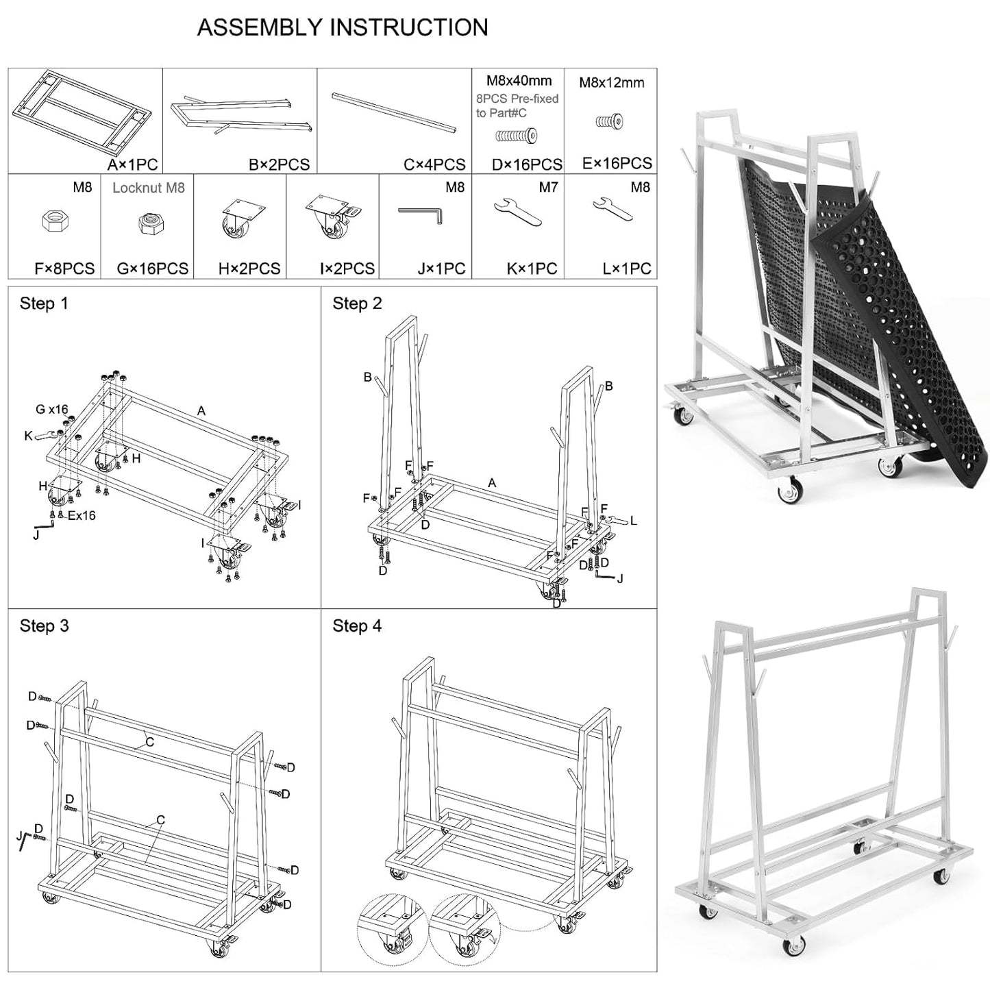 Portamat Transporter & Wash Rack Wash Rack and Mat Transporter Capacity Silver Steel Floor Mat Cart 42" L x 28" W x 40" H