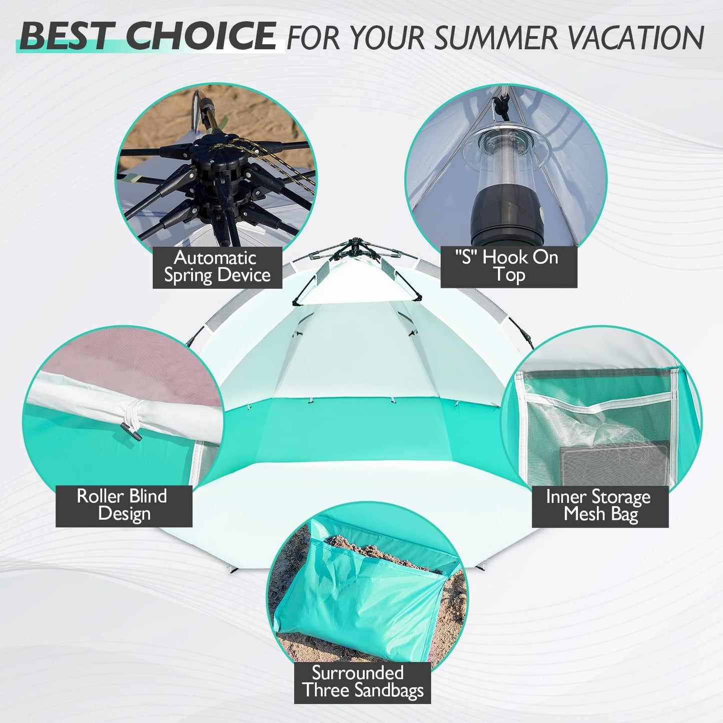 Mansader 2-3 Person Large Instant Pop Up Beach Tent, UV Protection Portable Easy Setup Sun Shade Shelter, Extended Floor with 3 Ventilating Mesh Windows for Outdoor Camping Fishing (Green)