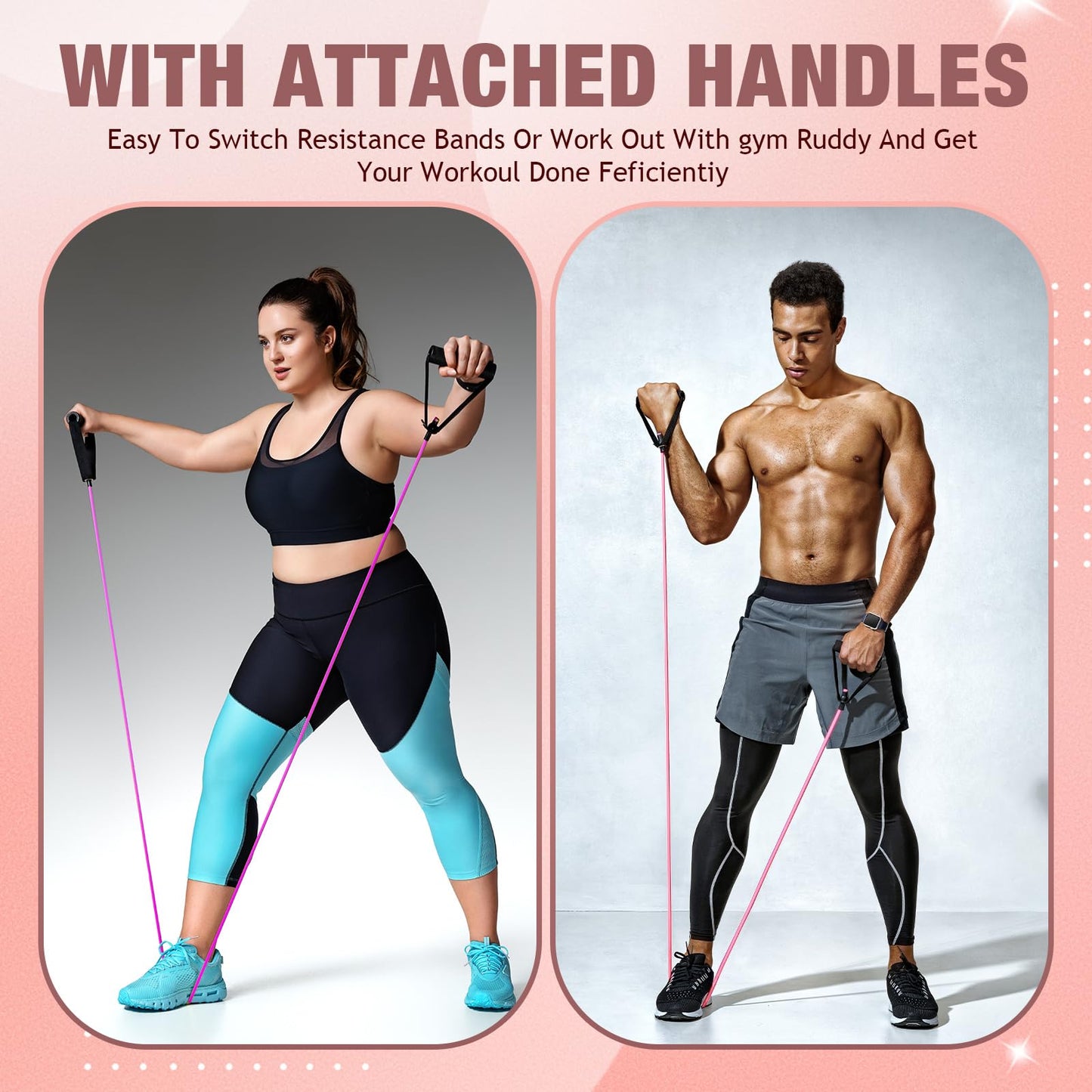 5 Pcs Exercise Resistance Bands with Handles Workout Bands Physical Resistance Tube Bands with Door Anchor for Men Women Muscle Toning Strength Training (Pink)