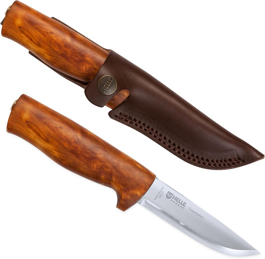 HELLE Knives - Eggen - Triple Laminated Stainless Steel, Outdoor Adventure Camping Knife with Sheath, Stick Tang Fixed Blade, Curly Birch Handle, Made in Norway