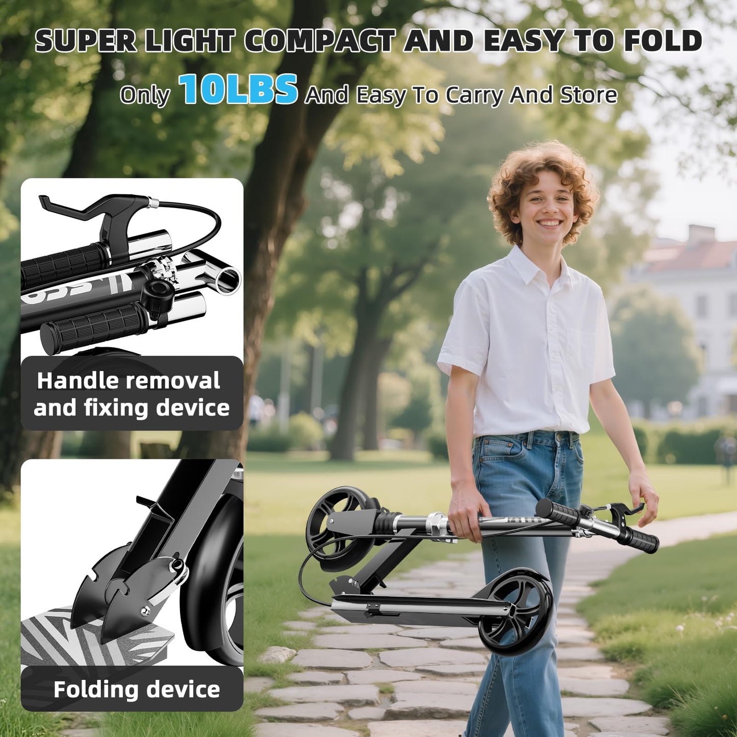 Scooters for Kids 8-12, Teens & Adults - Load 240 LBS, 8-Inch Wheels, Kick Scooter with Shock Absorption System, Hand Brake & Bell, 4 Adjustable Height Levels, Perfect for School, Commuting or Park