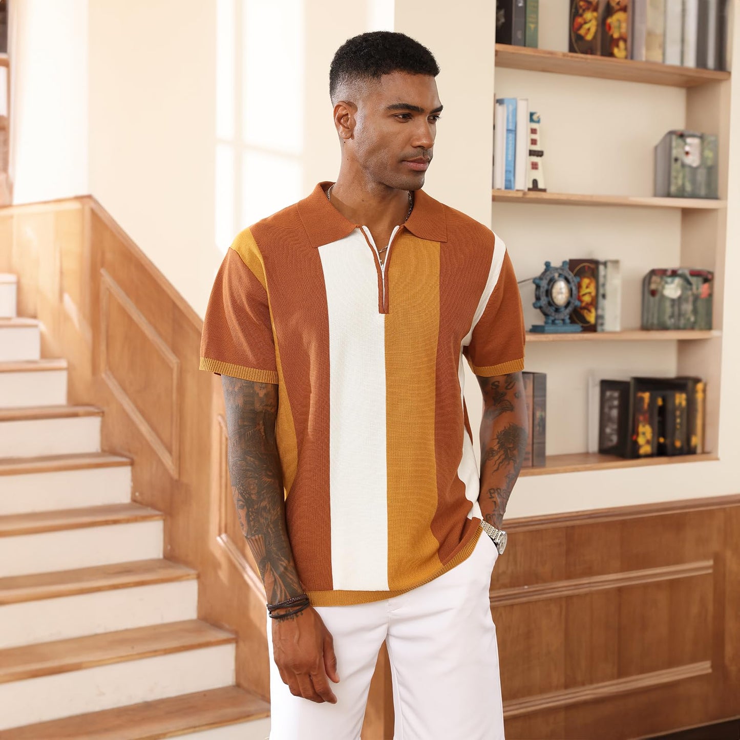Men's Fashion Polo Shirts Vintage Striped Knitting Shirts Casual Slim Fit Golf Shirts Caramel