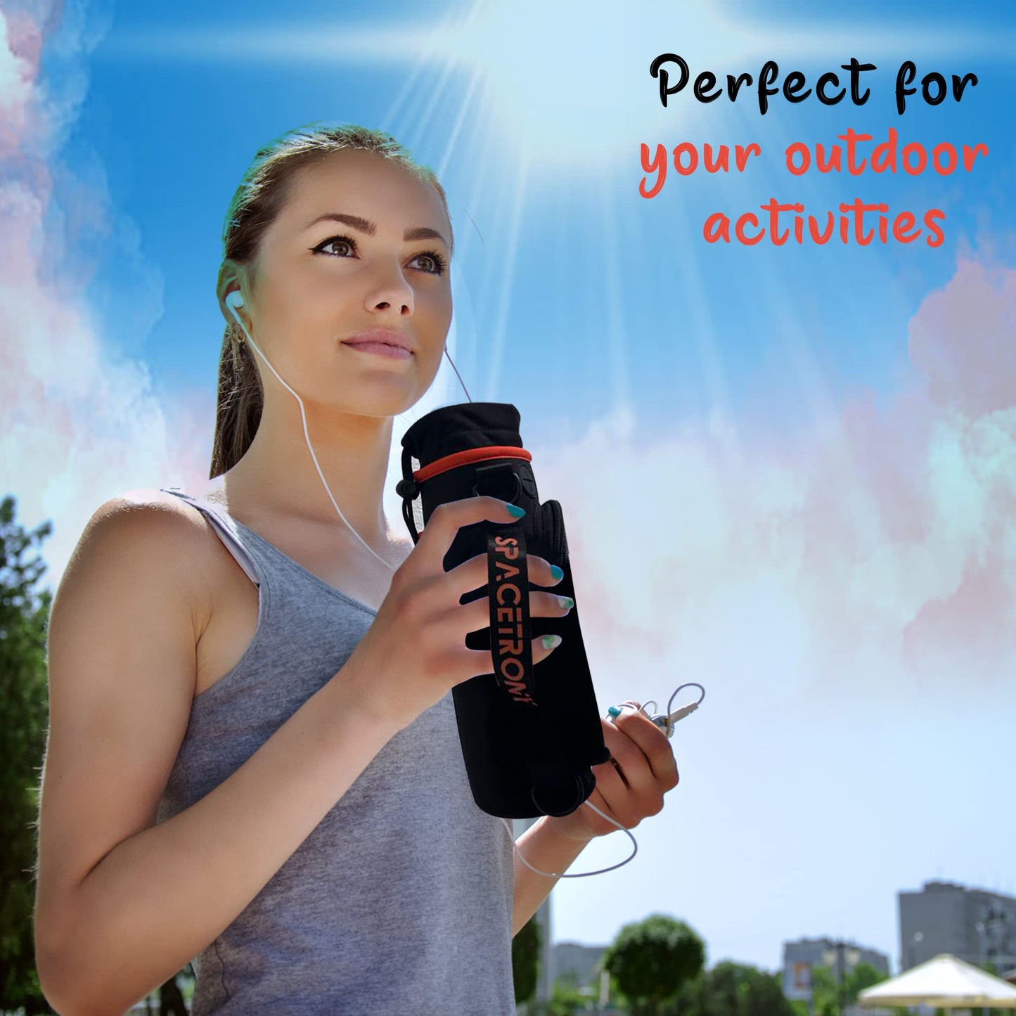 32oz Motivational Water Bottle - Neoprene Water Bottle Sleeve for Running/Hiking - Water Bottle Holder with Straps for Shoulder/Crossbody Pockets for Phone/Keys/Cards, Perfect for outdoor activities.