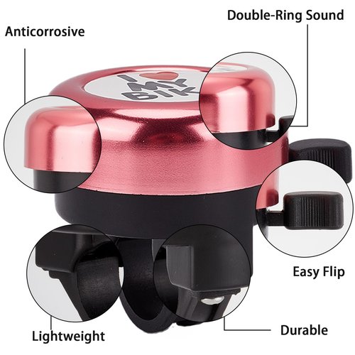 CREATCABIN I Love My Bike Bicycle Bell Aluminum Alloy Bike Bells Ring Round Pink Loud Sound Cycling Handlebars Bells with 4Pcs Resin Stickers for Road Mountain Bike Adults Bicycle Accessories 2x2Inch