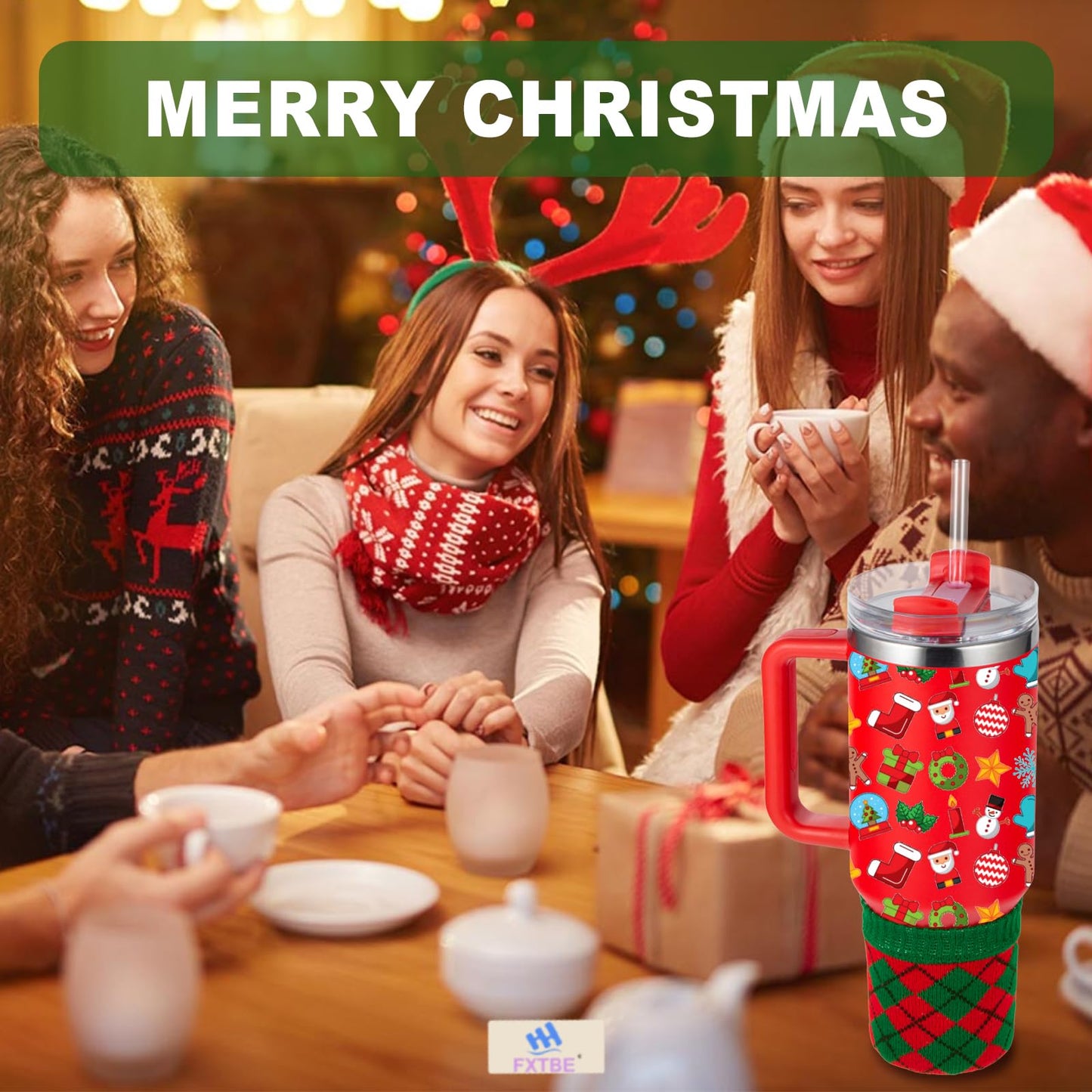 FXTBE Knitted Sleeve for Christmas Stanley Cup Accessories, Knitting Boot Bottom for Stanley Quencher 40 oz 30oz 20 oz Sleeves for Water Bottle Christmas Accessory Set, Red Green Pink