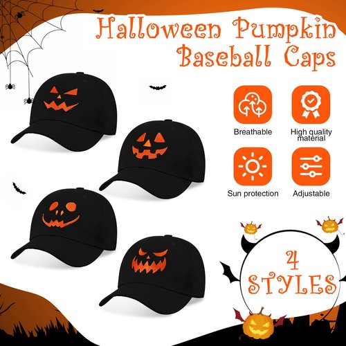 Suhine 4 Pcs Halloween Baseball Cap Pumpkin Baseball Cap Embroidery Pumpkin Face Dad Hat Unisex Halloween Hat for Men Women Halloween Party Decoration, 4 Styles Black and Orange