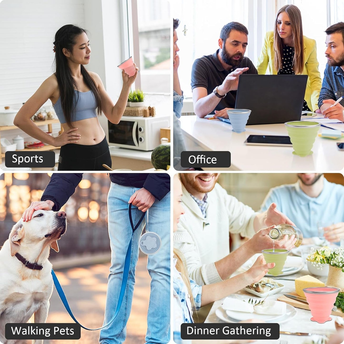 JBER Silicone Collapsible Travel Cup, 4 Pack Silicone Folding Camping Cup with Lids Expandable Drinking Cup Set BPA Free Reusable Portable Graduated for Outdoor Hiking Travel