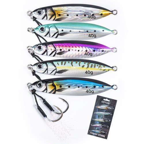 Goture Fishing Jigs, 30g Vertical Jig Freshwater Saltwater, Jig Fishing Lures with Assist Hook, 5PCS Fishing Jigging Spoon Lures for Tuna,Salmon,Bass,Trout