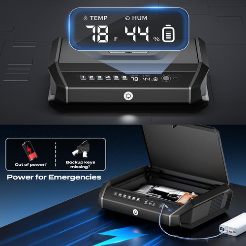Gun Safe with LCD Display, ≤0.1s Quick Access Handgun Safe for 2-4 Pistols, Hand Gun Lock Box with Fingerprint | Keypad | and Keys for Home Drawer Bedside Nightstand TOPMEDA